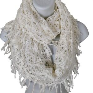 Cream‎ White Crochet Infinity Scarf Silver Sequins Fringe coquette romantic